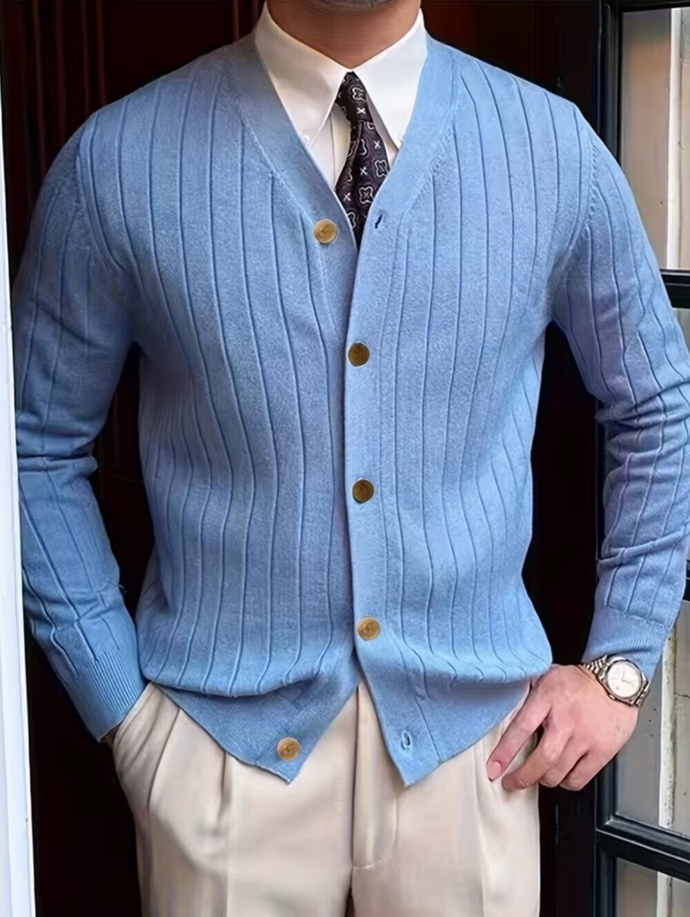 Men's Light Blue Ribbed Button Cardigan Sweater - Picture 2 of 7